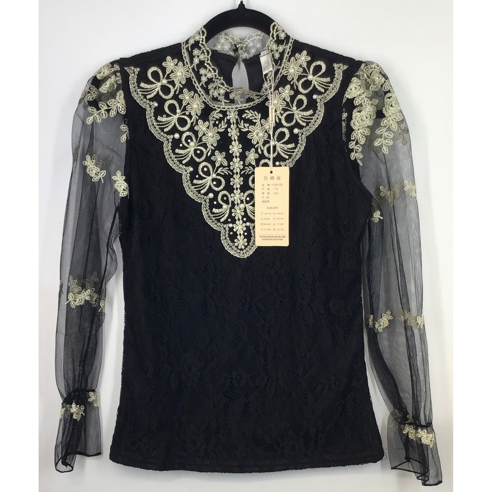 Statement Black Lace Sheer Sleeve Embroidered Pearl Gold Mock Neck Blouse‎ Top M